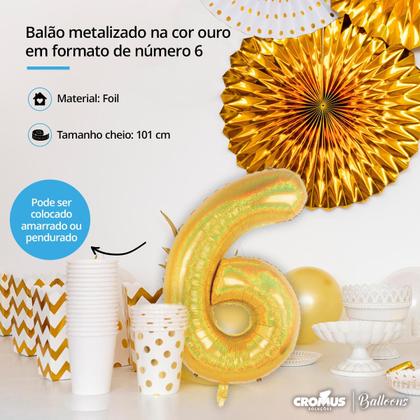 Imagem de Balão Metalizado Holográfico número 6 Dourado Holográfico para aniversários e festas 101 cm Un