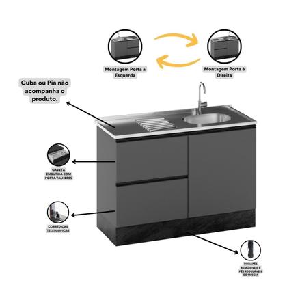 Imagem de Balcão 1 Porta 3 Gavetas 120cm Flex sem Tampo para Pia deslocada Etna