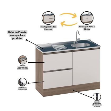 Imagem de Balcão 1 Porta 3 Gavetas 120cm Flex sem Tampo para Pia Etna