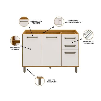 Imagem de Balcão 120cm sem Tampo para Pia 3 Portas 2 Gavetas Criare