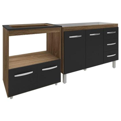 Imagem de Balcão Armário Cozinha Gabinete De Pia 120 Cm Bruna E Balcão Para Fogão Cooktop 5 Bocas E Forno Evelyn Savana Preto