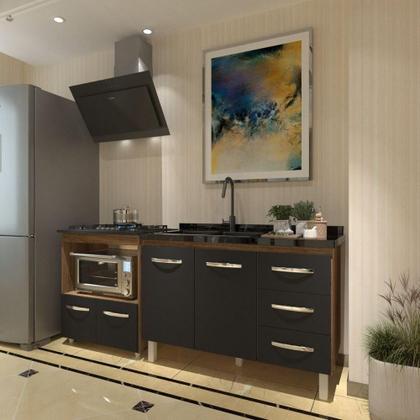 Imagem de Balcão Armário Cozinha Gabinete De Pia 120 Cm Bruna E Balcão Para Fogão Cooktop 5 Bocas E Forno Evelyn Savana Preto