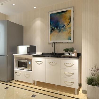Imagem de Balcão Armário Cozinha Gabinete de Pia 120 cm Bruna e Balcão para Microondas e Forno Elétrico Amanda Branco
