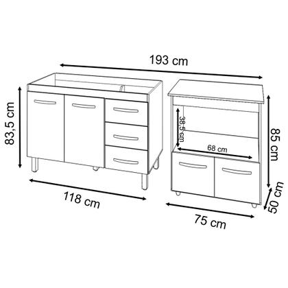 Imagem de Balcão Armário Cozinha Gabinete de Pia 120 cm Bruna e Balcão para Microondas e Forno Elétrico Amanda Branco