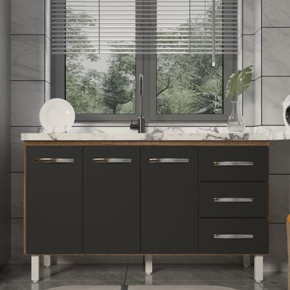 Imagem de Balcão Armário Cozinha Gabinete Pia de 140 cm Carine com 3 Portas e 3 Gavetas Savana Preto