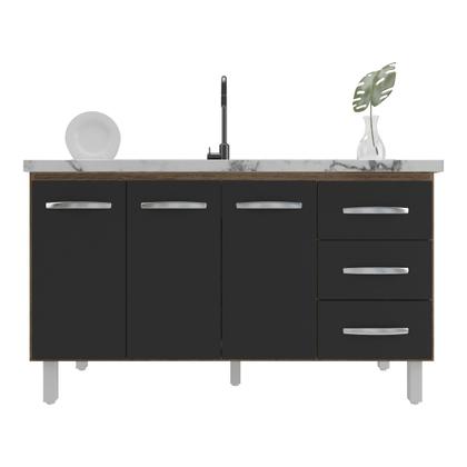 Imagem de Balcão Armário Cozinha Gabinete Pia de 140 cm Carine com 3 Portas e 3 Gavetas Savana Preto