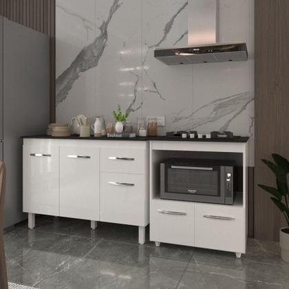 Imagem de Balcão Armário Gabinete Aline 118 Cm Branco Com Tampo Preto E Balcão Evelyn Para Cooktop 4 Bocas Branco
