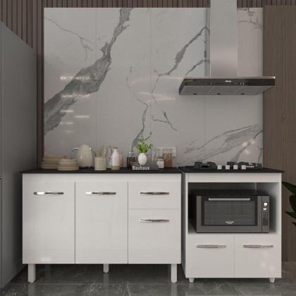 Imagem de Balcão Armário Gabinete Aline 118 Cm Branco Com Tampo Preto E Balcão Evelyn Para Cooktop 4 Bocas Branco