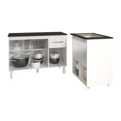 Imagem de Balcão Armário Gabinete Aline 118 Cm Branco Com Tampo Preto E Balcão Evelyn Para Cooktop 4 Bocas Branco