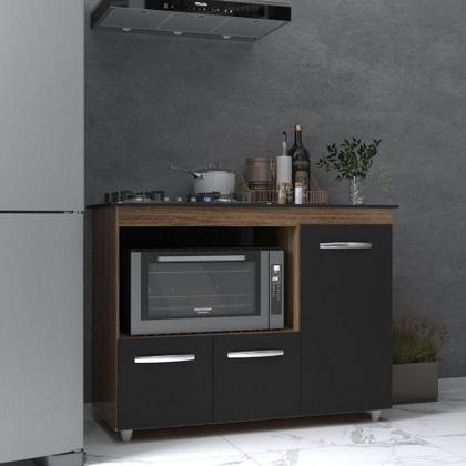 Imagem de Balcão Armário Gabinete De Cozinha Para Fogão Cooktop 4 Bocas E Forno 3 Portas Alana Mobília Decor Savana Preto