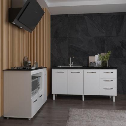 Imagem de Balcão Armário Gabinete de Pia 150 cm Deise e Balcão Alana Para Fogão Cooktop 4 Bocas e Forno Elétrico Branco