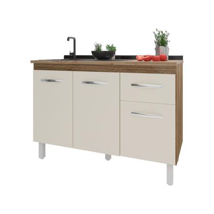 Imagem de Balcão Armário Gabinete Para Pia de Cozinha 118 cm Aline 3 Portas e 1 Gaveta Savana Off White