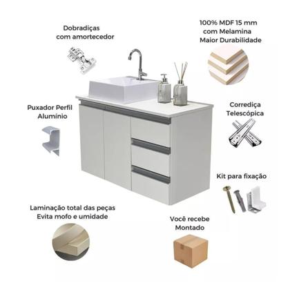 Imagem de Balcão Banheiro Mdf - Abrzo 80Cm - 3 Gavetas - Com Cuba