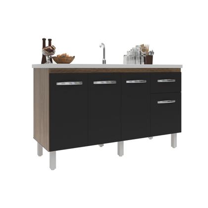 Imagem de Balcão Cozinha Armário Gabiente Pia de 140 cm com 4 Portas e 1 Gavetas Camila Savana Preto