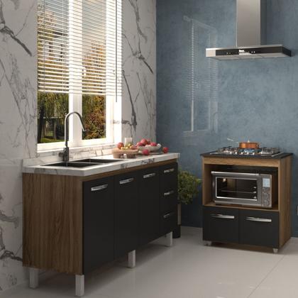 Imagem de Balcão Cozinha Armário Gabinete de Pia 160 cm Estela e Balcão para Fogão Cooktop 5 Bocas Evelyn Savana Preto