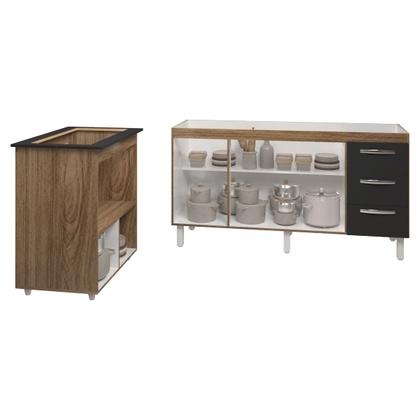 Imagem de Balcão Cozinha Armário Gabinete de Pia 160 cm Estela e Balcão para Fogão Cooktop 5 Bocas Evelyn Savana Preto