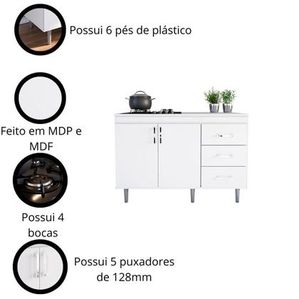Imagem de Balcão Cozinha em Mdp Para Cooktop 1,20m 5 Bocas 2 Portas E 3 Gavetas Turim Lojas Movelove