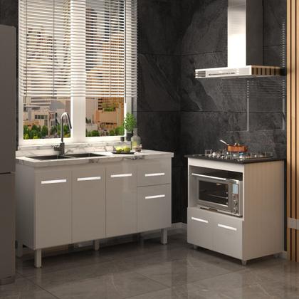 Imagem de Balcão Cozinha Gabinete de Pia 140 cm Camila e Balcão Evelyn Para Fogão Cooktop 5 Bocas e Forno Elétrico Branco