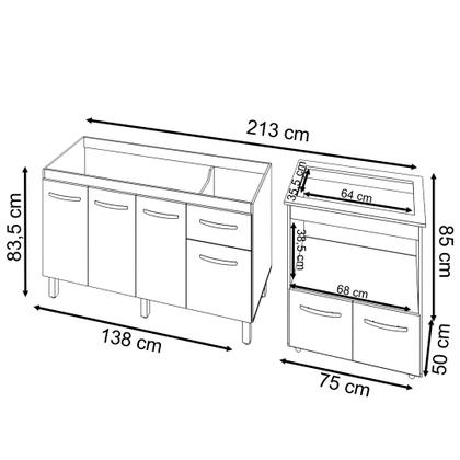 Imagem de Balcão Cozinha Gabinete de Pia 140 cm Camila e Balcão Evelyn Para Fogão Cooktop 5 Bocas e Forno Elétrico Savana Preto