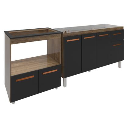 Imagem de Balcão Cozinha Gabinete de Pia 140 cm Camila e Balcão Evelyn Para Fogão Cooktop 5 Bocas e Forno Elétrico Savana Preto