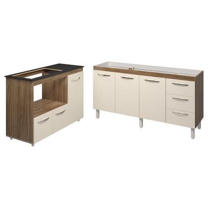 Imagem de Balcão Cozinha Gabinete de Pia 160 cm Estela e Balcão Para Fogão Cooktop 5 Bocas e Forno Elétrico Alana Savana Off White