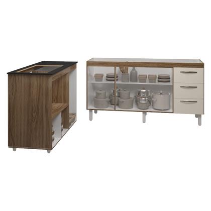 Imagem de Balcão Cozinha Gabinete de Pia 160 cm Estela e Balcão Para Fogão Cooktop 5 Bocas e Forno Elétrico Alana Savana Off White