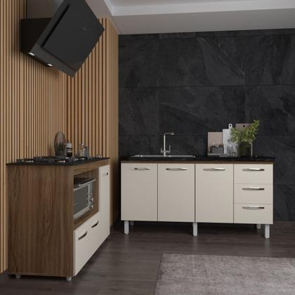 Imagem de Balcão Cozinha Gabinete de Pia 160 cm Estela e Balcão Para Fogão Cooktop 5 Bocas e Forno Elétrico Alana Savana Off White