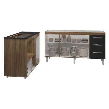 Imagem de Balcão Cozinha Gabinete de Pia 160 cm Estela e Balcão Para Fogão Cooktop 5 Bocas e Forno Elétrico Alana Savana Preto