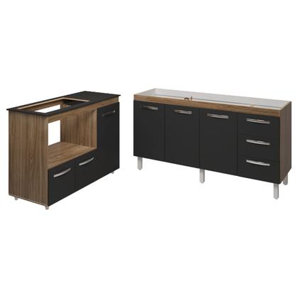 Imagem de Balcão Cozinha Gabinete de Pia 160 cm Estela e Balcão Para Fogão Cooktop 5 Bocas e Forno Elétrico Alana Savana Preto