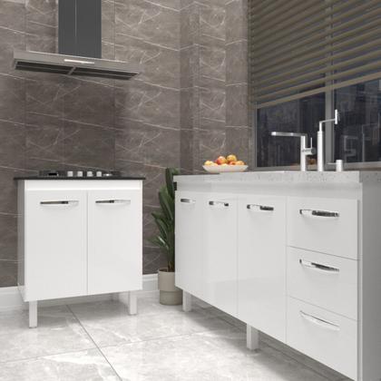 Imagem de Balcão Cozinha Gabinete Para Pia 138 cm Carine e Balcão Para Cooktop 4 Bocas Fran Branco