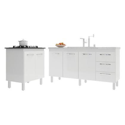 Imagem de Balcão Cozinha Gabinete Para Pia 138 cm Carine e Balcão Para Cooktop 4 Bocas Fran Branco