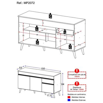 Imagem de Balcão Cozinha Gabinete Pia 150 cm 3 Portas 1 Gaveta Veneza GW Multimóveis MP2072 Branco