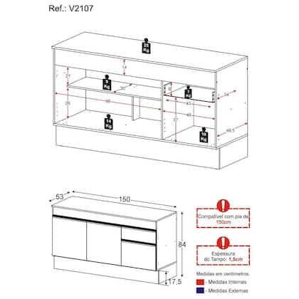 Imagem de Balcão Cozinha Gabinete Pia 150cm com Rodapé  3 Portas 1 Gaveta Veneza Multimóveis V2107