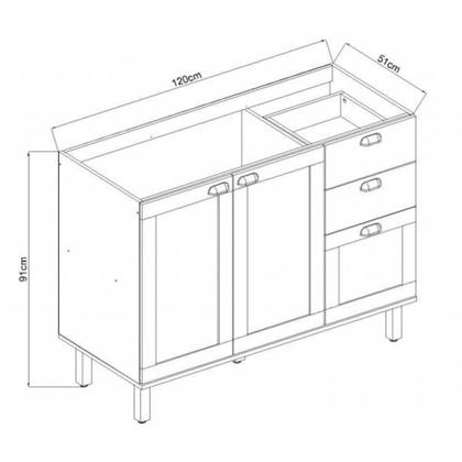 Imagem de Balcão Cozinha Modulada 120cm C/ 2 Portas e 3 Gavetas MDF