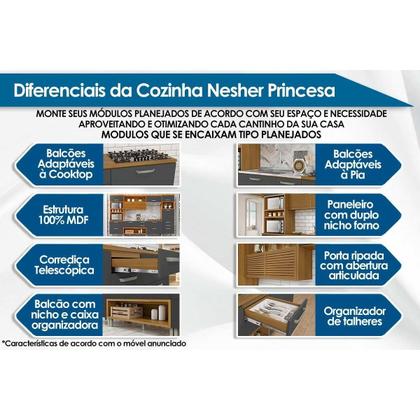 Imagem de Balcão Cozinha p/Cooktop Princesa 1 Porta Basculante e 1 Gaveta c/ Tampo 80cm Freijo/Off White - Nesher