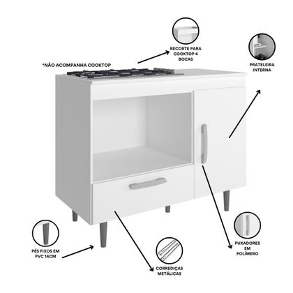 Imagem de Balcão Cozinha para Cooktop Alecrim com 1 Porta e 1 Gaveta