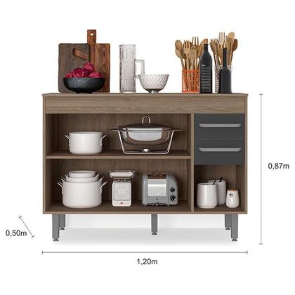 Imagem de Balcão de Cozinha 3 Portas 2 Gavetas 120cm Flex com Tampo Carvalho Grafite - Poliman