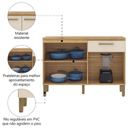 Imagem de Balcão de Cozinha 3 Portas e 1 Gaveta com Tampo 1,20m Versalhes Madeirado / Areia Kit's Paraná