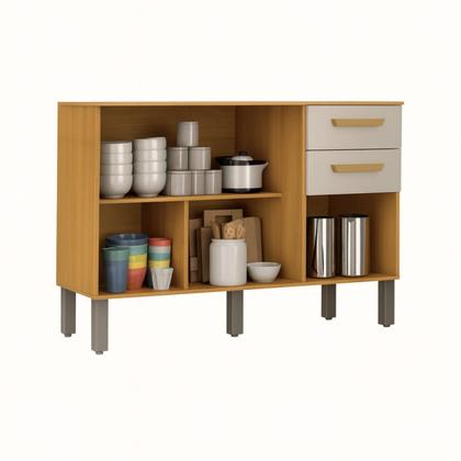 Imagem de Balcão de Cozinha 3 Portas e 2 Gavetas Adele Bege/Cinamomo/Off White Acetinado