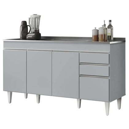 Imagem de Balcão de Cozinha com Pia Inox 150cm 4 Portas Marrocos Cinza Claro - Lumil