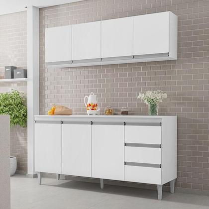 Imagem de Balcão de Cozinha com Tampo 160 cm e Armário Aéreo Andréia Branco Brilho - AJL
