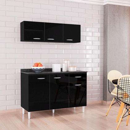 Imagem de Balcão De Cozinha Com Tampo E Armário Aéreo 120 Cm Preto - Poquema