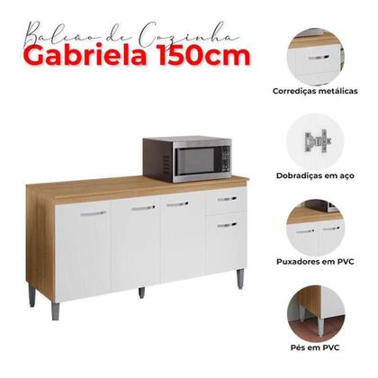 Imagem de Balcão De Cozinha Gabriela Com Tampo 150cm E Armário Aéreo Andréia Amêndoa Branco - Ajl
