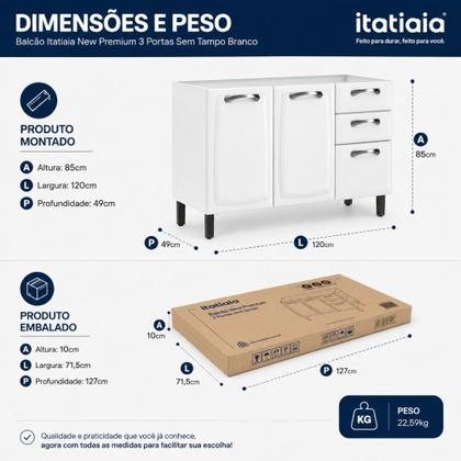 Imagem de Balcão de Cozinha Itatiaia New Premium Aço 3 Portas e 2 Gavetas Sem Tampo Branco 120cm