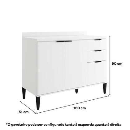 Imagem de Balcão De Cozinha Miami 1200mm 2 Portas 3 Gavetas Com Tampo Carraro Branco