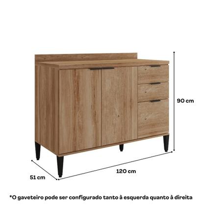 Imagem de Balcão de Cozinha Miami 1200mm 2 Portas 3 Gavetas Com Tampo Carraro Freijó