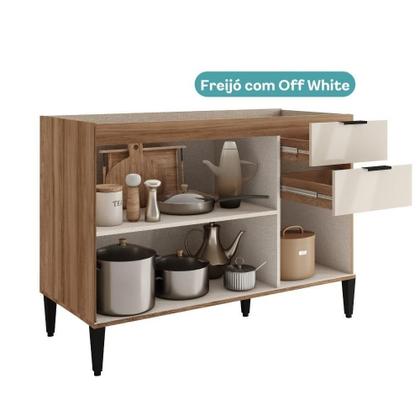 Imagem de Balcão De Cozinha Miami 1200mm 2 Portas 3 Gavetas Sem Tampo Carraro Freijó Com Off White