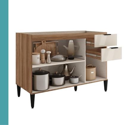 Imagem de Balcão De Cozinha Miami 1200mm 2 Portas 3 Gavetas Sem Tampo Carraro Freijó Com Off White