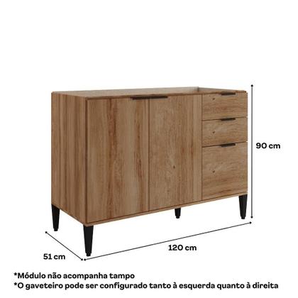 Imagem de Balcão De Cozinha Miami 1200mm 2 Portas 3 Gavetas Sem Tampo Carraro Freijó