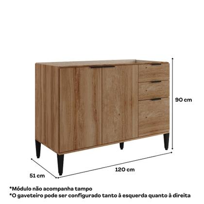 Imagem de Balcão de Cozinha Miami 1200mm 2 Portas 3 Gavetas Sem Tampo Carraro Freijó